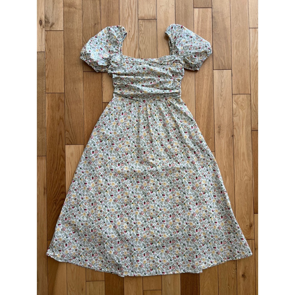 O.P.T. OPT Floral Puff Sleeve Midi Dress Square Neck Ditsy Cottagecore Womens M